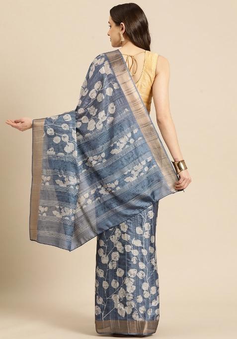 Blue Printed Silk Blend Saree