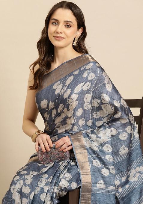 Blue Printed Silk Blend Saree