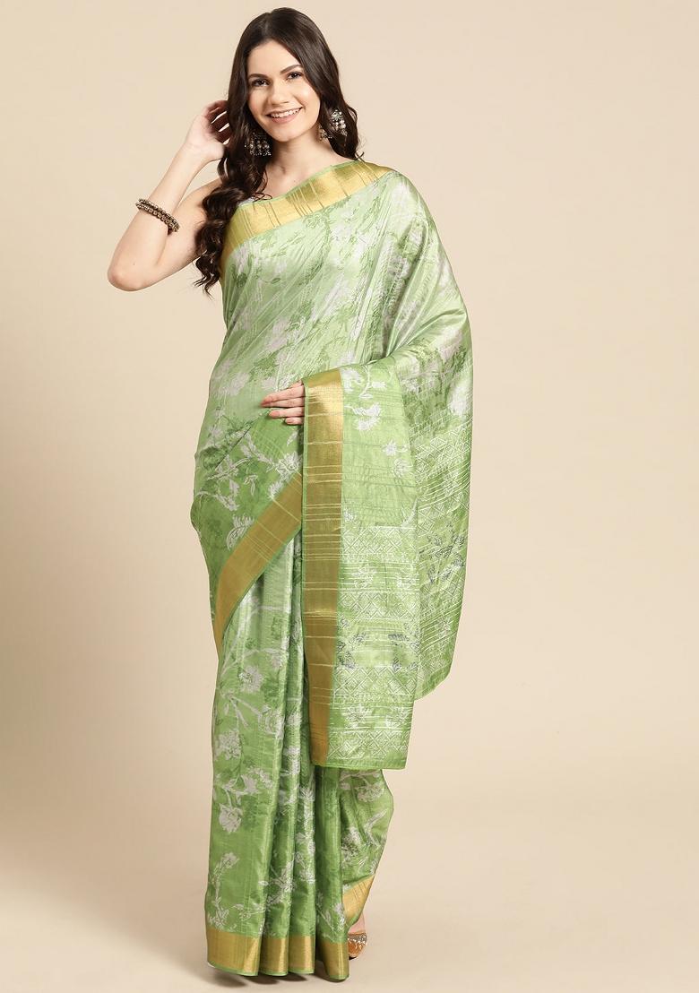 Green Printed Silk Blend Saree