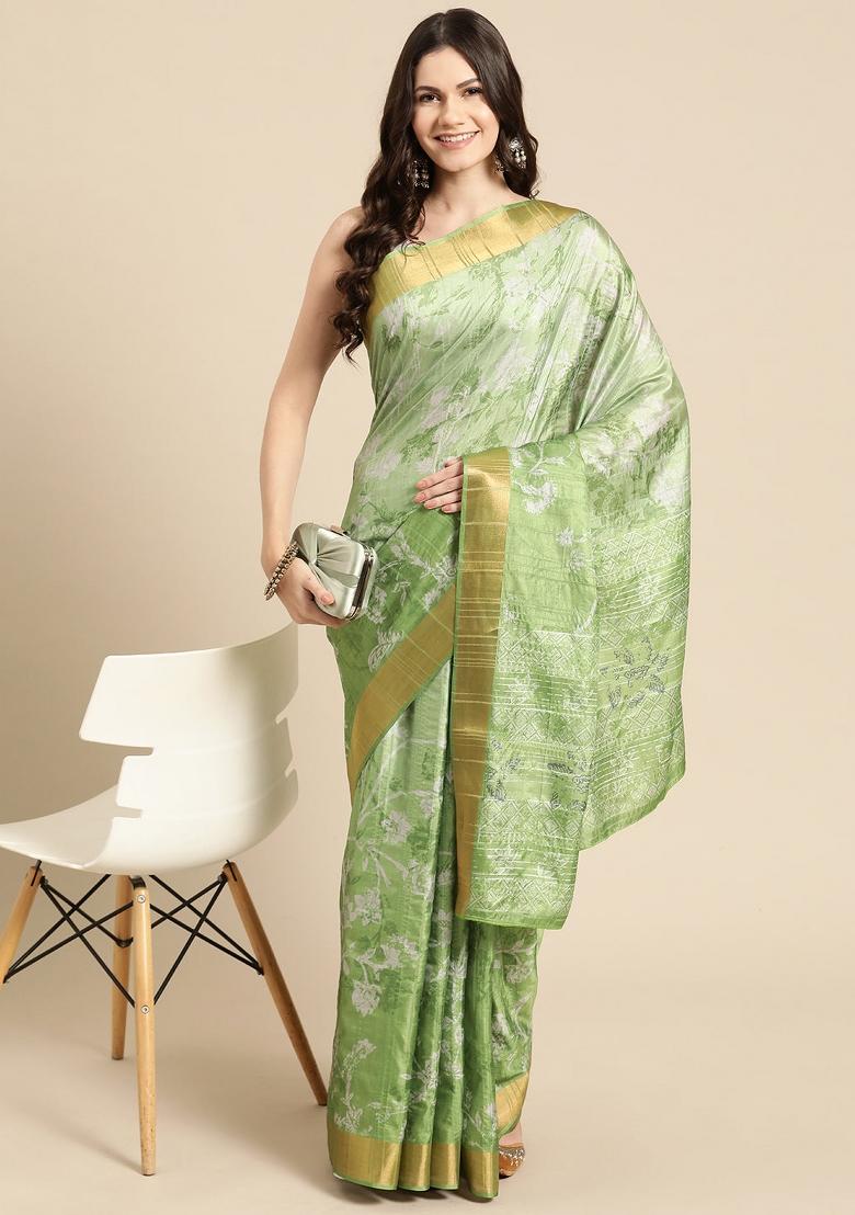 Green Printed Silk Blend Saree