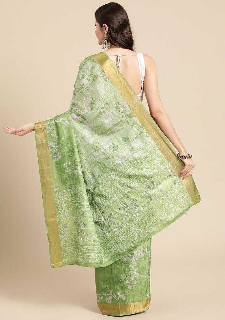 Green Printed Silk Blend Saree