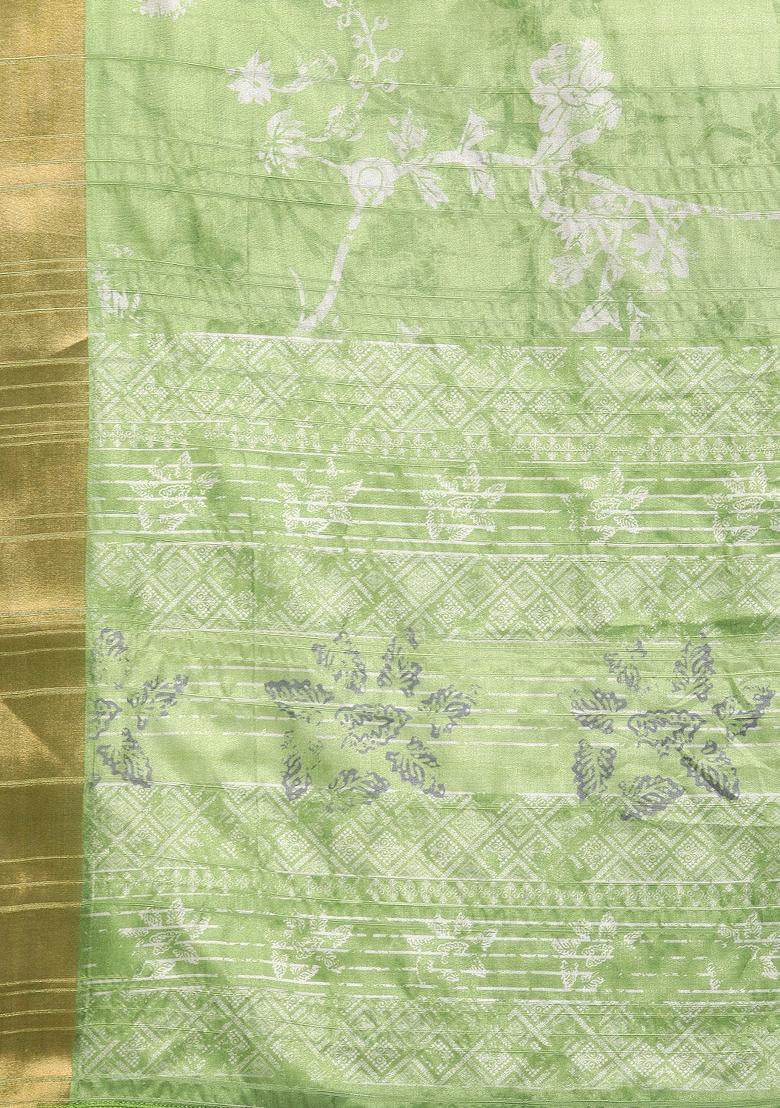 Green Printed Silk Blend Saree