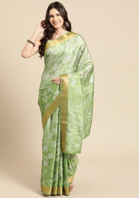 Green Printed Silk Blend Saree