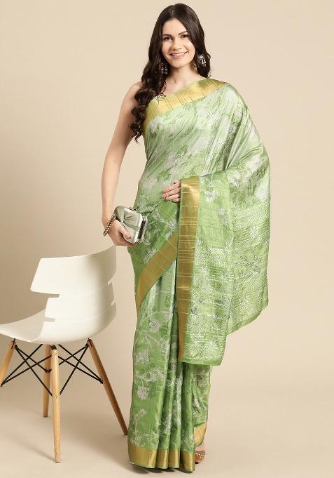 Green Printed Silk Blend Saree