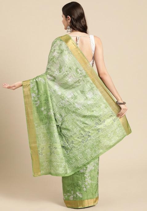 Green Printed Silk Blend Saree