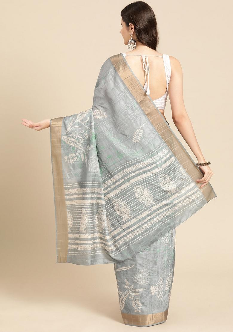 Grey Printed Silk Blend Saree