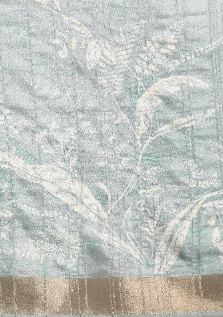 Grey Printed Silk Blend Saree