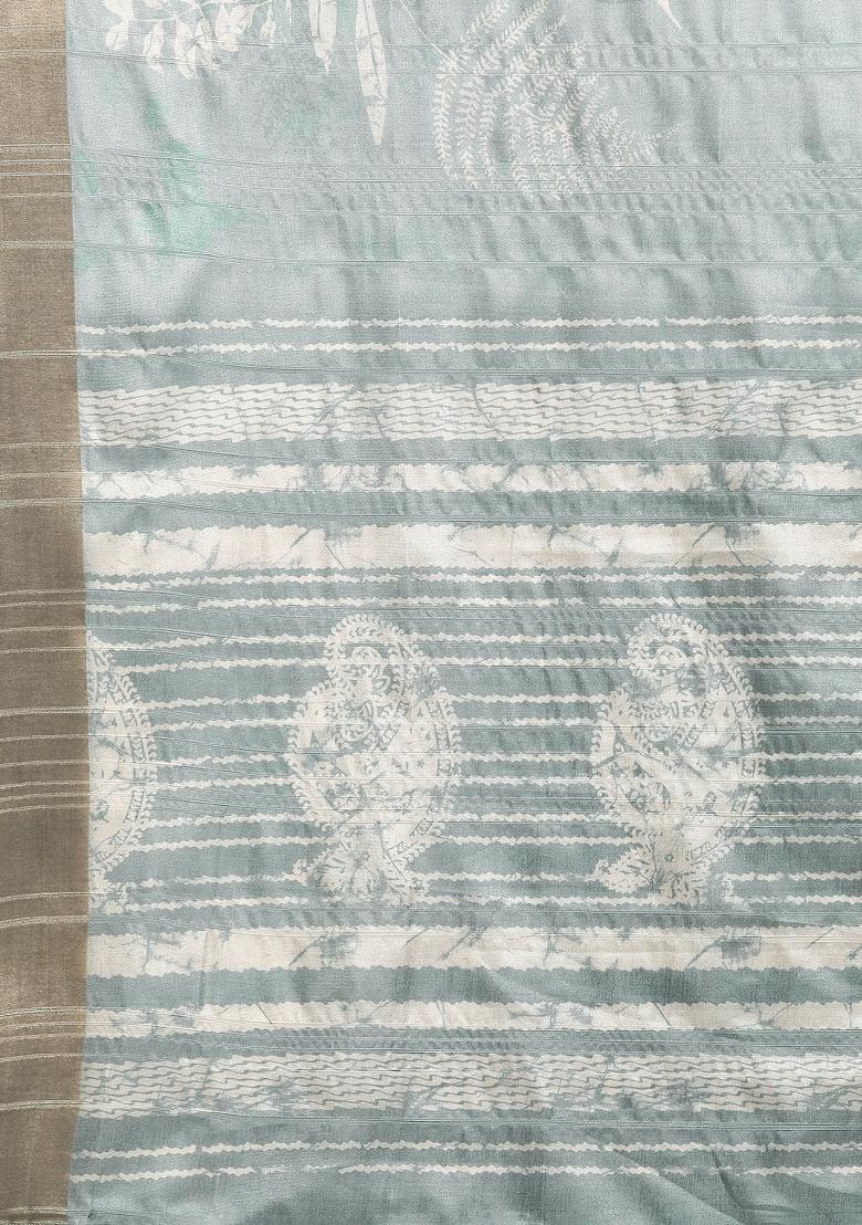 Grey Printed Silk Blend Saree