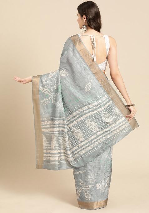 Grey Printed Silk Blend Saree
