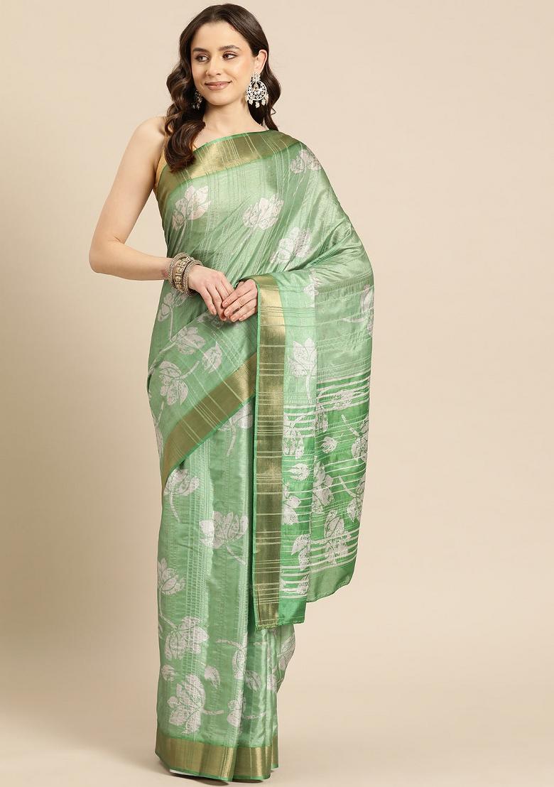 Green Printed Silk Blend Saree
