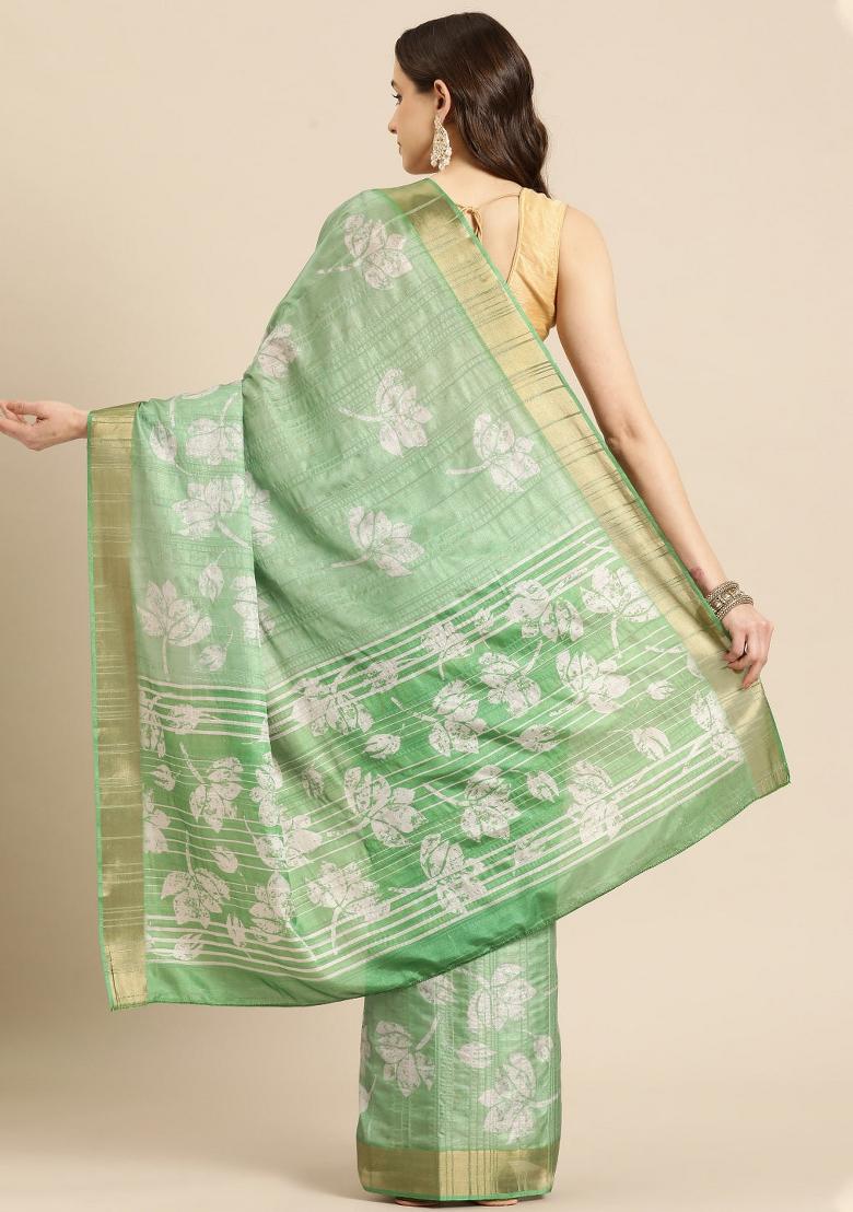 Green Printed Silk Blend Saree