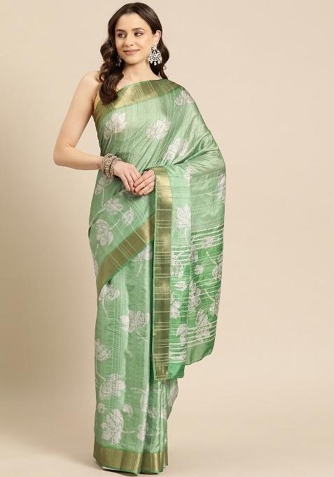 Green Printed Silk Blend Saree