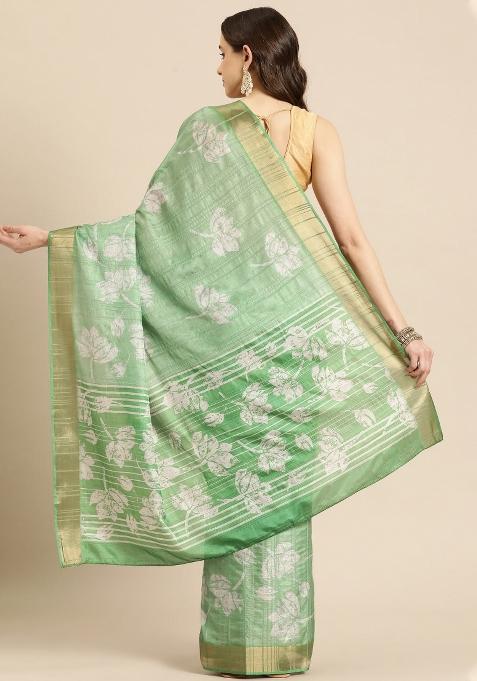 Green Printed Silk Blend Saree