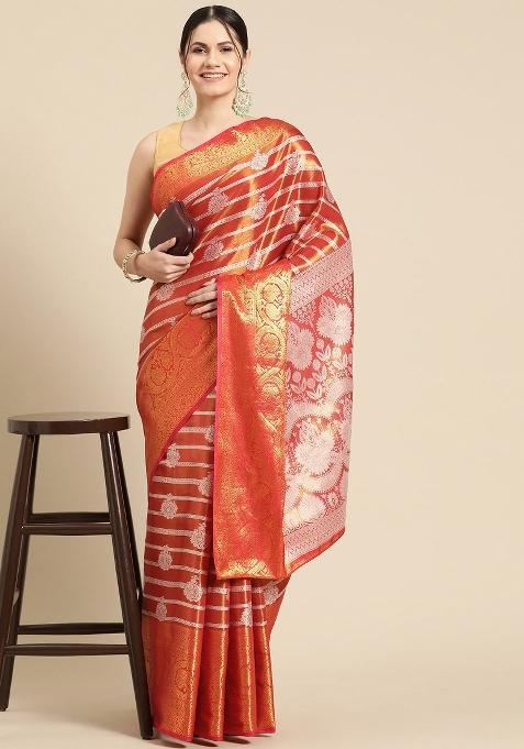 Red Woven Design Silk Blend Saree