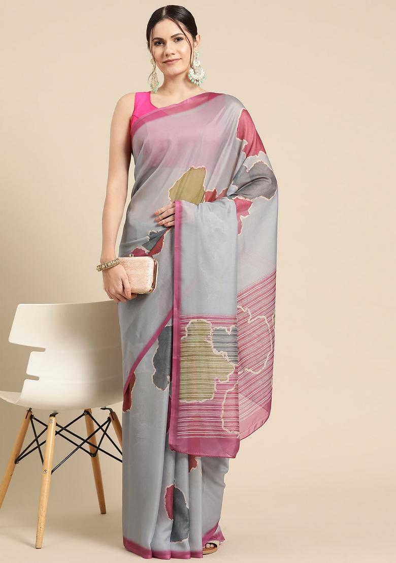Grey Printed Silk Blend Saree