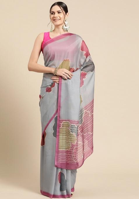 Grey Printed Silk Blend Saree
