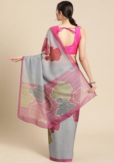 Grey Printed Silk Blend Saree