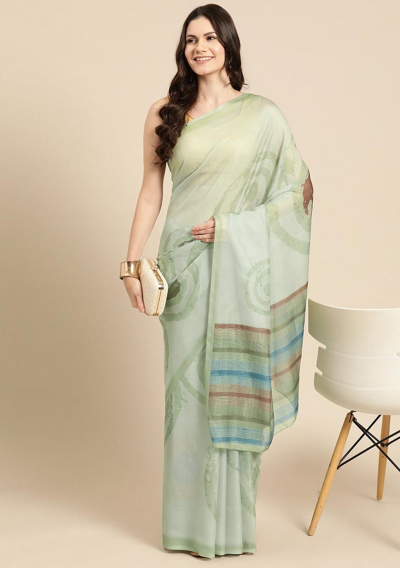 Green Printed Silk Blend Saree