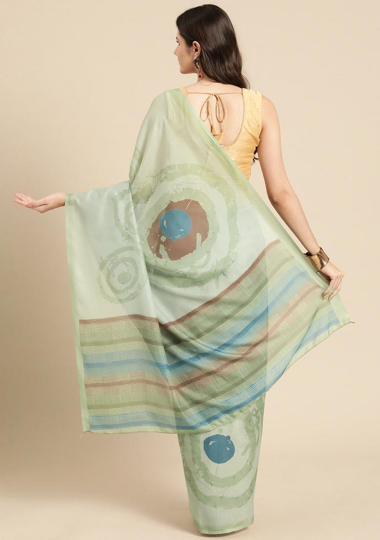 Green Printed Silk Blend Saree
