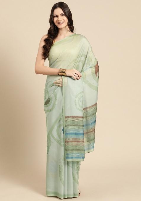 Green Printed Silk Blend Saree