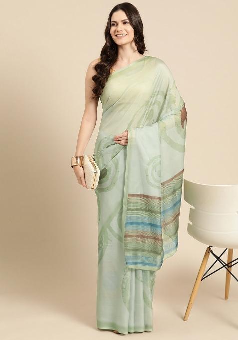 Green Printed Silk Blend Saree