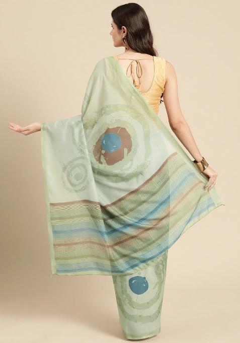 Green Printed Silk Blend Saree