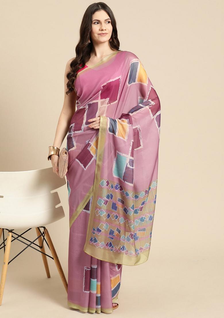 Pink Printed Silk Blend Saree