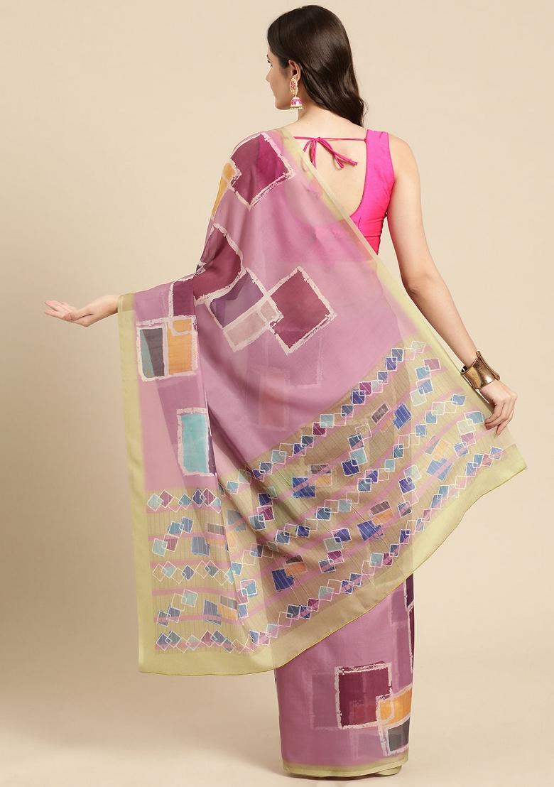 Pink Printed Silk Blend Saree