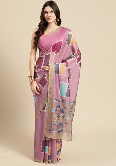 Pink Printed Silk Blend Saree