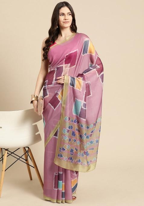 Pink Printed Silk Blend Saree