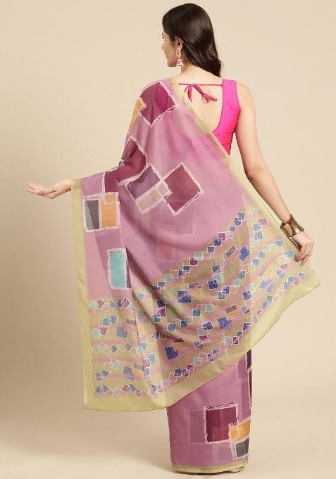 Pink Printed Silk Blend Saree