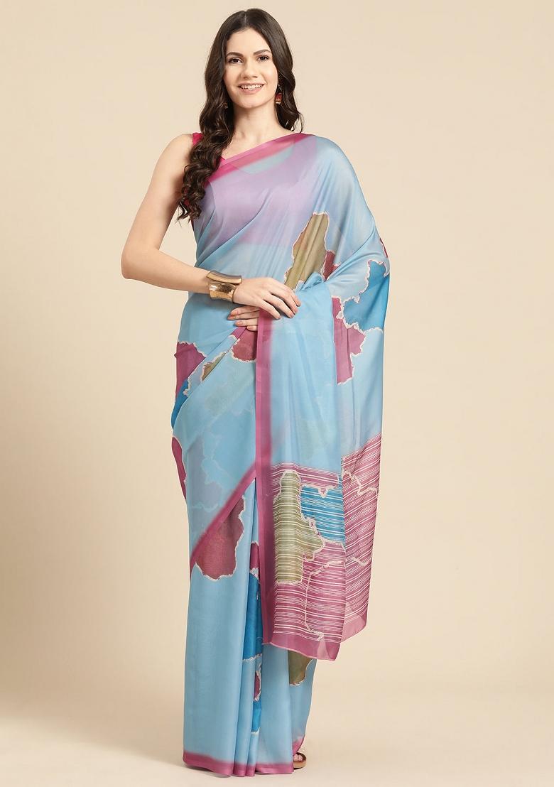 Aqua Printed Silk Blend Saree