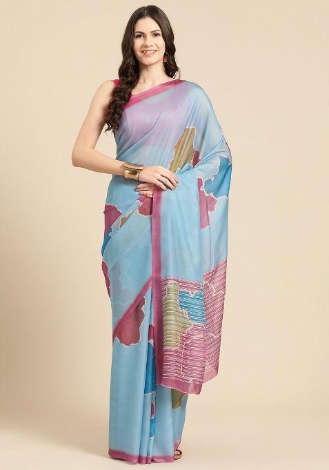 Aqua Printed Silk Blend Saree