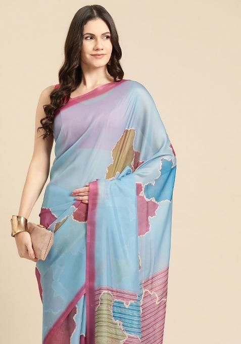 Aqua Printed Silk Blend Saree