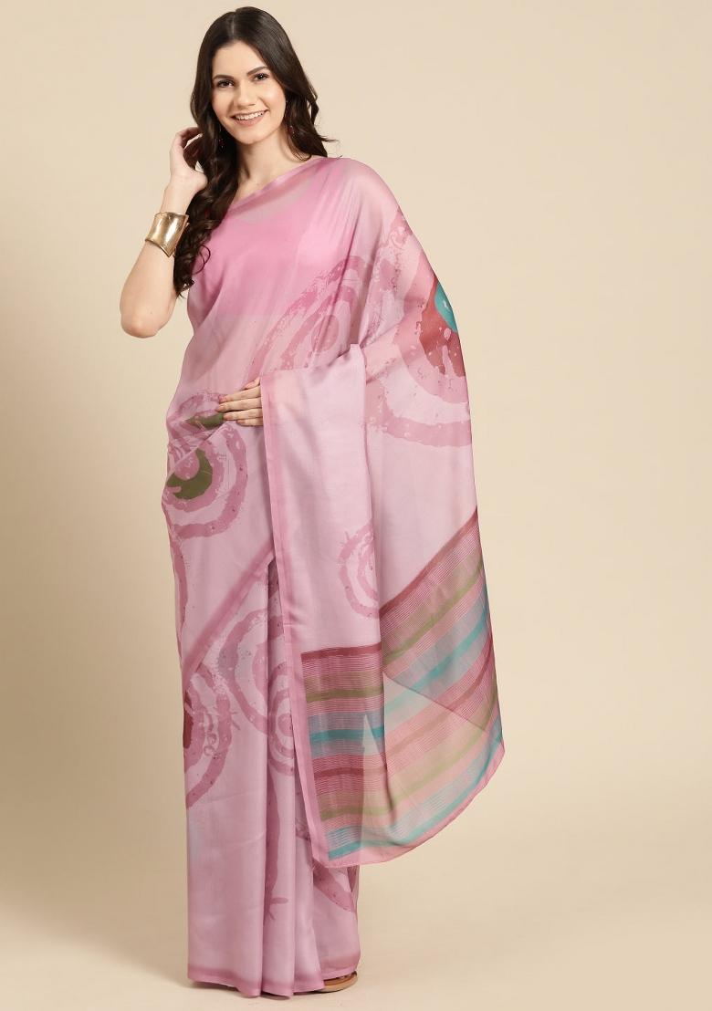 Peach Printed Silk Blend Saree