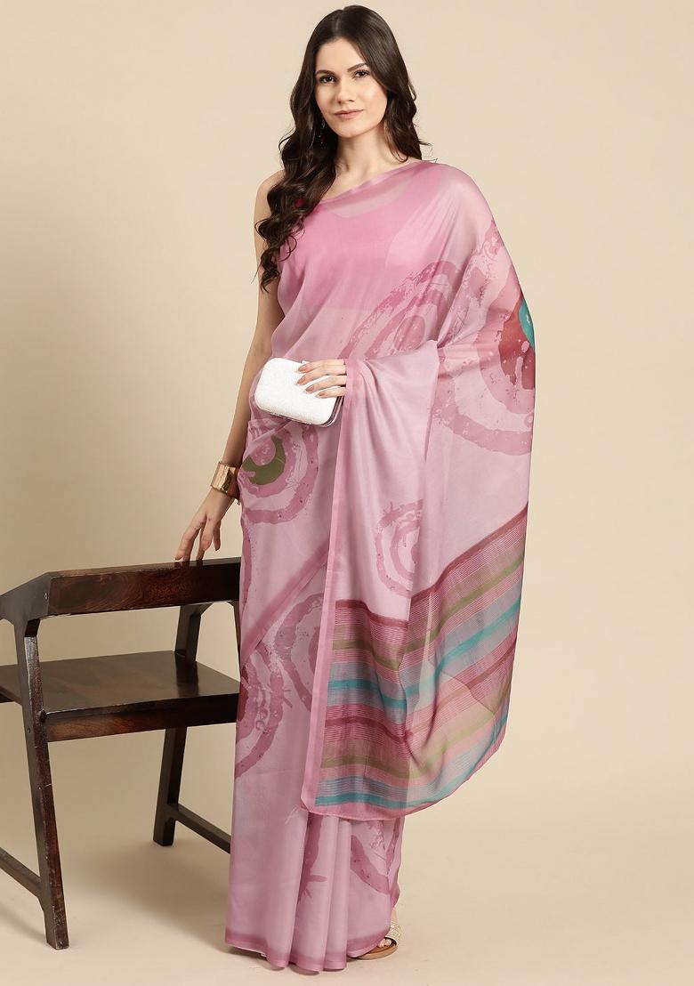 Peach Printed Silk Blend Saree