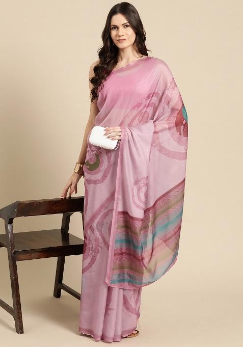 Peach Printed Silk Blend Saree