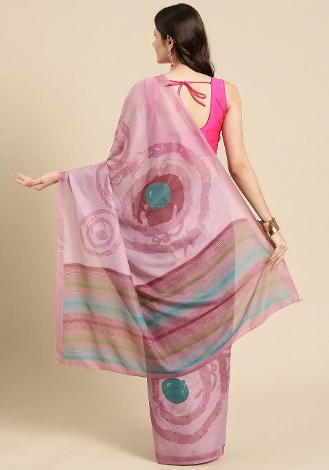 Peach Printed Silk Blend Saree