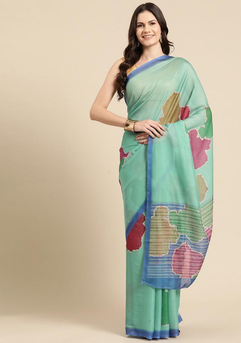 Green Printed Silk Blend Saree