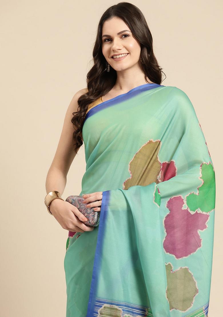 Green Printed Silk Blend Saree