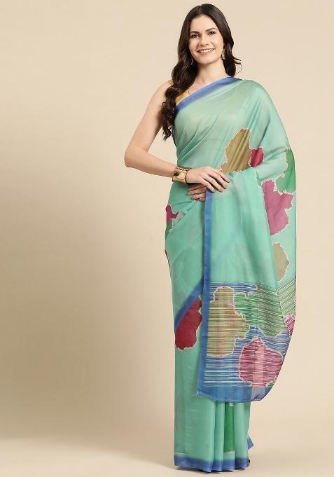 Green Printed Silk Blend Saree