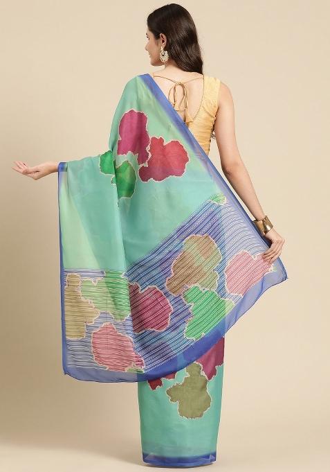 Green Printed Silk Blend Saree