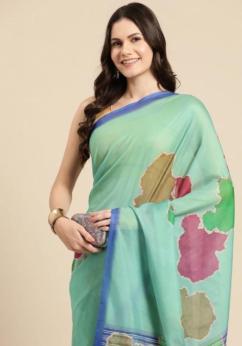 Green Printed Silk Blend Saree