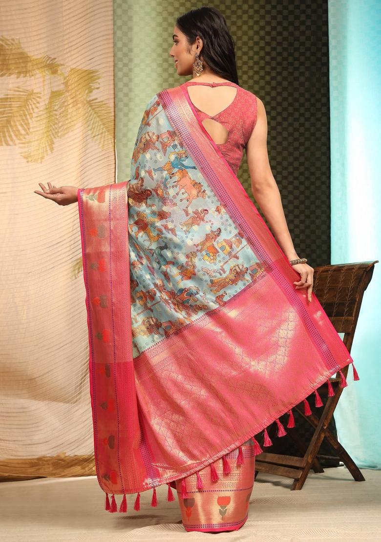 Sky Blue Printed Art Silk Saree