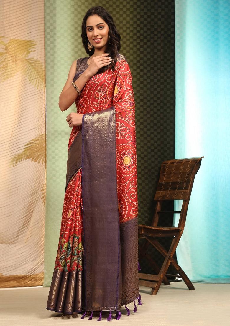 Red Printed Silk Blend Saree