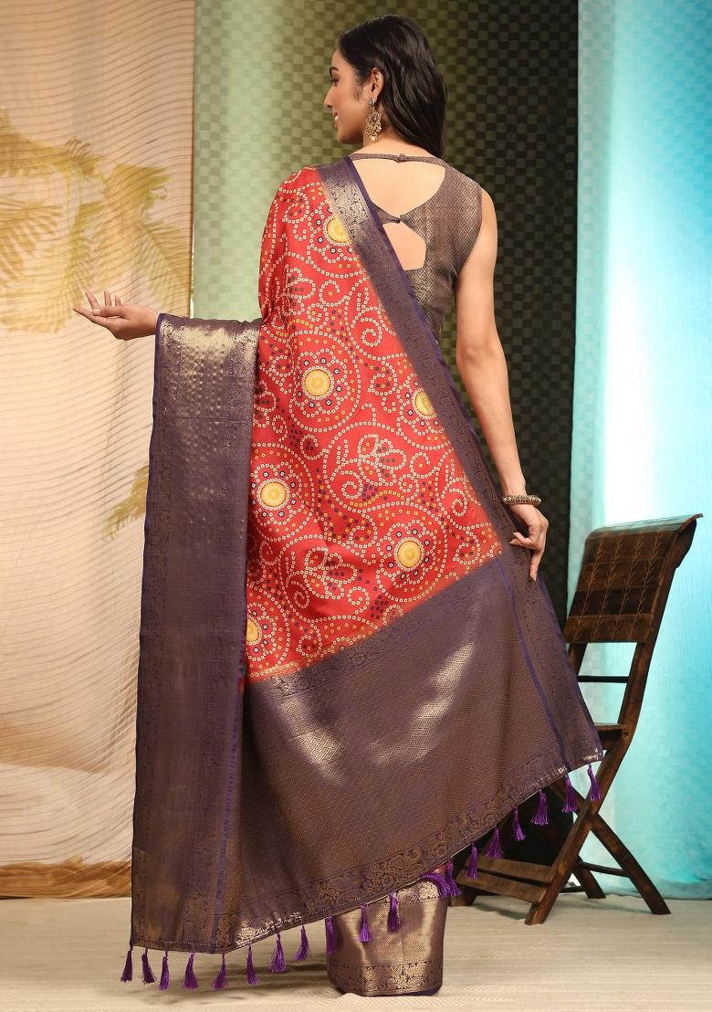 Red Printed Silk Blend Saree