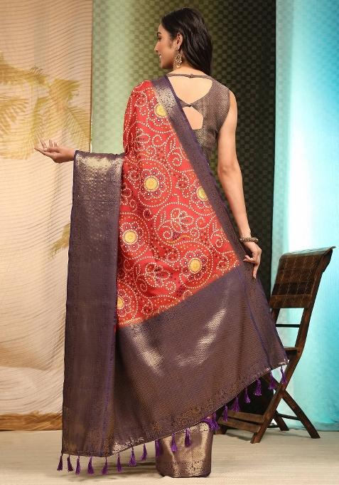 Red Printed Silk Blend Saree