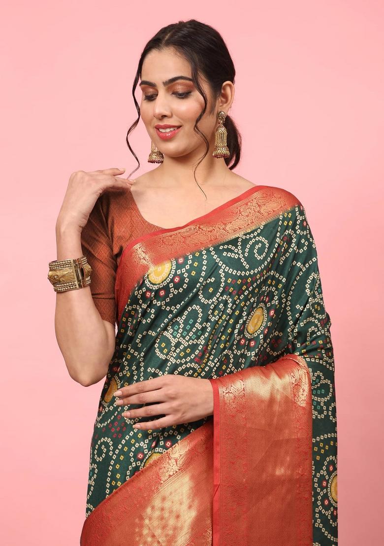 Green Printed Silk Blend Saree