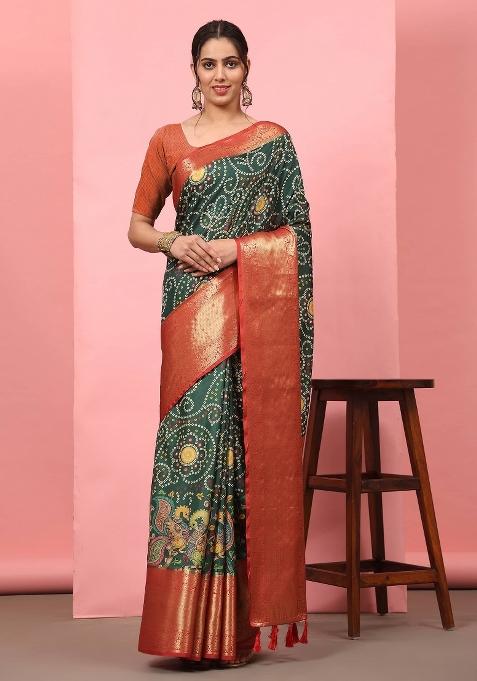 Green Printed Silk Blend Saree