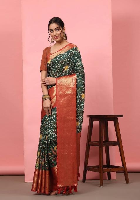 Green Printed Silk Blend Saree